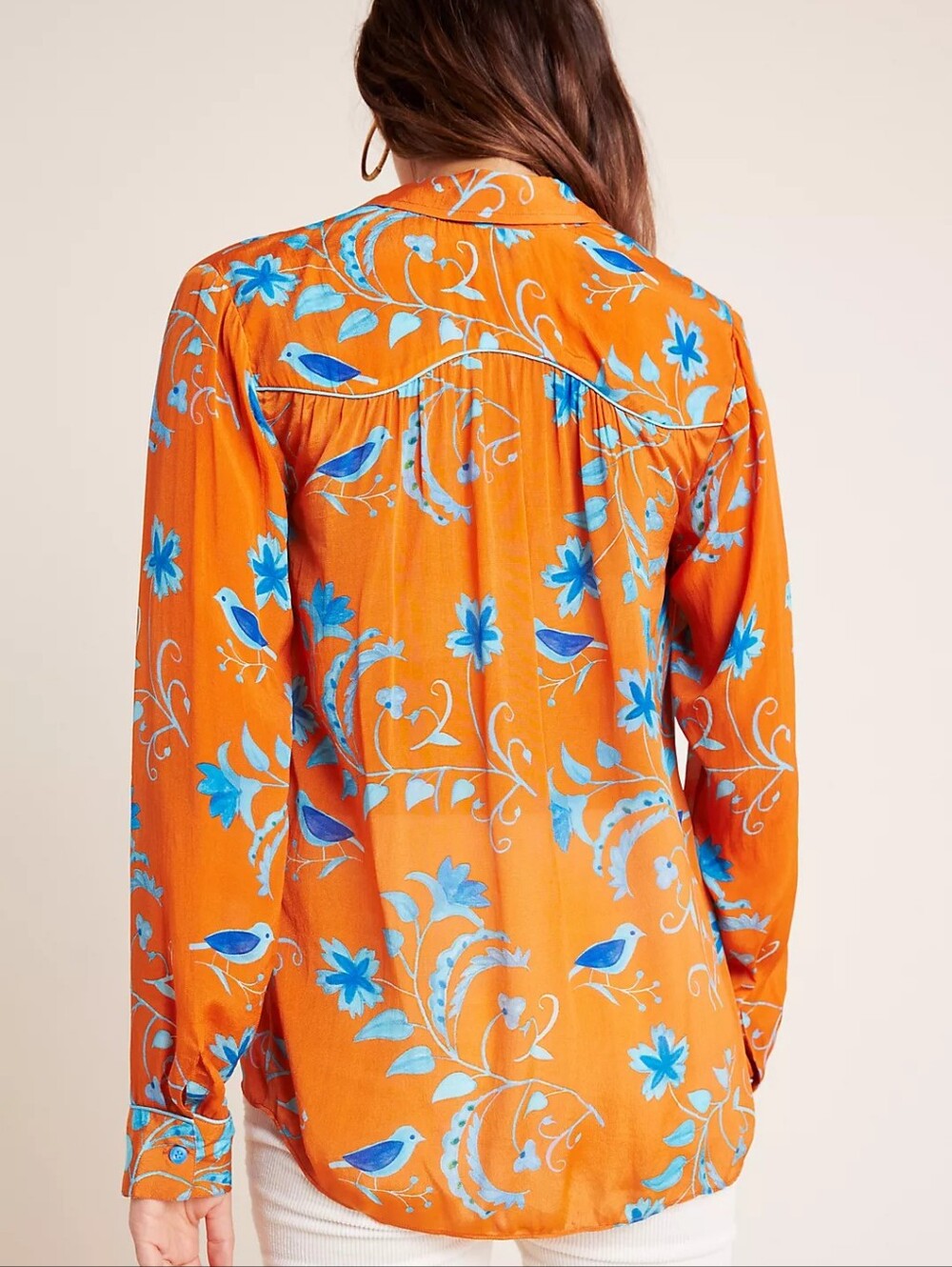 Anthropologie guapa blouse orange and blue bird motif xs top